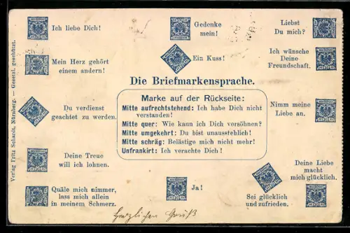 AK Briefmarkensprache Ich liebe Dich!