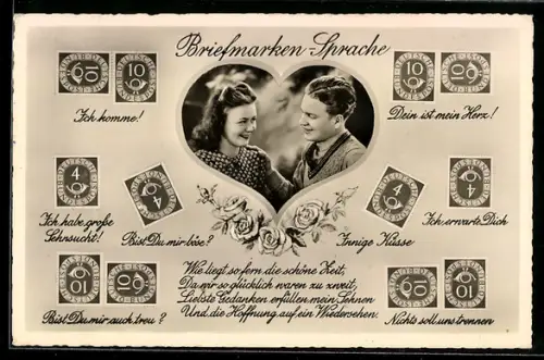 AK Briefmarkensprache, Junges Paar im Herzmotiv