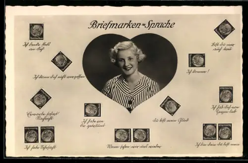 AK Briefmarkensprache, Portrait junge Frau im Herzmotiv