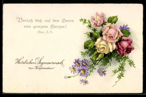 AK Blumenstrauss mit Rosenblüten und religiösem Sinnspruch