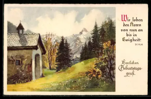 AK Landschaft im Hochgebirge mit Kapelle und Sinnspruch Wir loben den Herrn