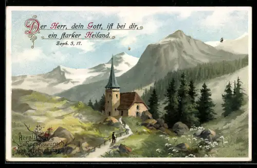 AK Kirche im Gebirge mit Wanderern, Sinnspruch Der Herr, dein Gott ist bei dir