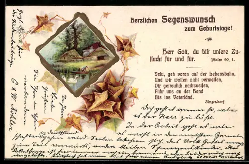 AK Wohnhaus am Seeufer, Schwäne auf dem See, Sinnspruch Herr Gott, du bist unsere Zuflucht