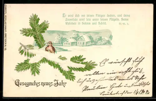 AK Ansicht von Dorf im Schnee, Singvogel auf Tannenzweig, Sinnspruch
