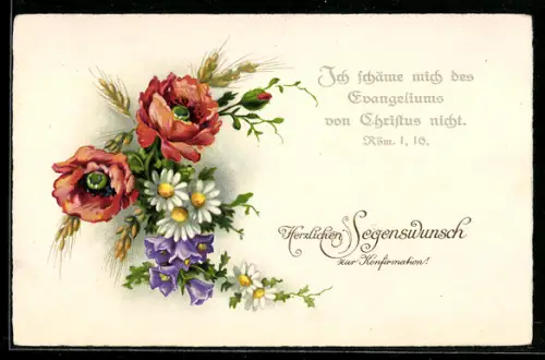AK Brumenstrauss mit Blüten und Gräsern, Sinnspruch