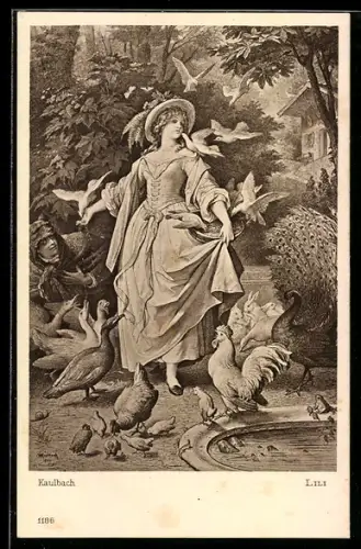 Künstler-AK W. v. Kaulbach: Goethe-Galerie, Lili, das Mädchen füttert im Garten die Vögel