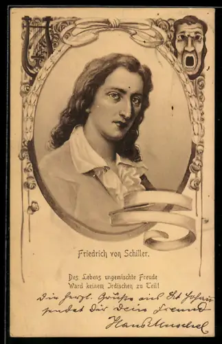 AK Friedrich Schiller im gerahmten Portrait, Harfe, Spruch
