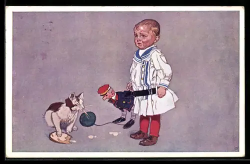 AK Junge mit Steiff-Puppe weint über das verlorene Honigbrot, das die Katze stibitzt