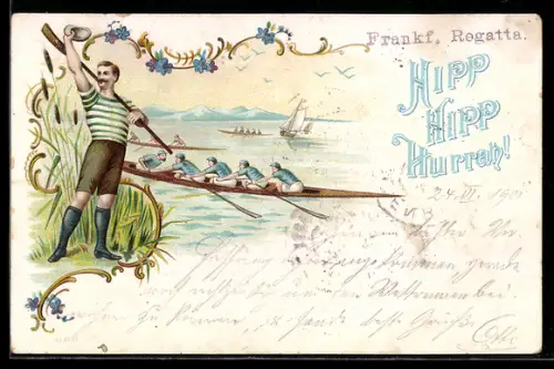Lithographie Frankfurt, Ruder-Regatta, Grüssender Ruderer