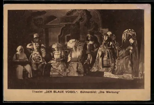AK Theaterszene aus Der blaue Vogel, Bühnenbild Die Werbung