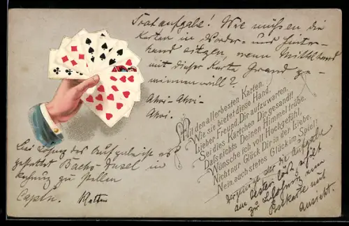 Lithographie Hand mit Spielkarten verschiedener Farben