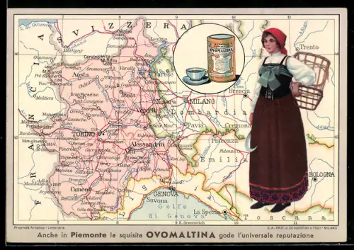 AK Ovomaltina Reklame, Dame mit Korb und Sichel vor Landkarte