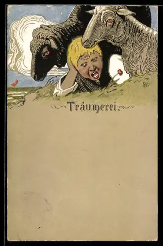 AK Junge mit zwei Schafen auf einer Wiese, Jugendstil