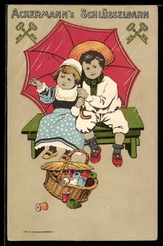 Lithographie Ackermann`s Schlüsselgarn, Kinder sitzen auf einer Bank