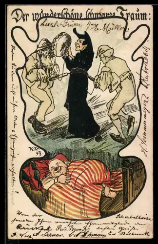 Künstler-AK Der wunderschöne schwarze Traum, Schwarzer Mönch führt Michel an der Nase herum, Totentanz