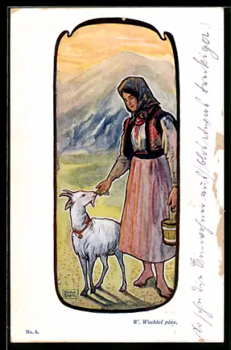 Künstler-AK sign. W. Wachtel: Dame mit Ziege, Jugendstil