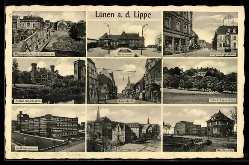 AK Lünen a. d. Lippe, Hauptbahnhof, Münsterstrasse mit Lippebrücke, Schloss Cappenberg, Cappenberger Strasse