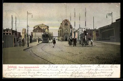 AK Duisburg, Neue Schwanthorbrücke mit Strassenbahn