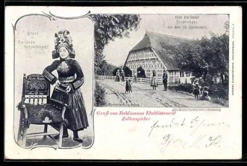 AK Hamburg-Vierlande, Zollenspieker, Bahlmanns Gasthaus, Altes Bauernhaus, Braut in Vierländer Hochzeitstracht