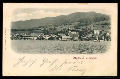 AK Unterach a. Attersee, Ortspanorama mit See und Kirche