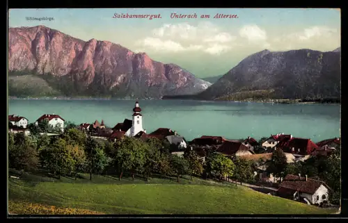 AK Unterach am Attersee, Ort mit Kirche, See und Höllengebirge