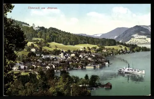 AK Unterach am Attersee, Panorama mit Ort, See, Dampfer