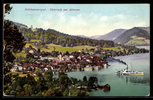 AK Unterach am Attersee, Panorama mit Ort und See