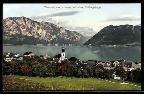 AK Unterach am Attersee, Teilansicht mit dem Höllengebirge