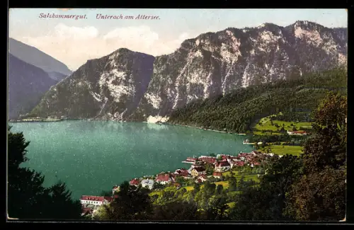 AK Unterach am Attersee, Gesamtansicht mit See und Gebirgspanorama aus der Vogelschau