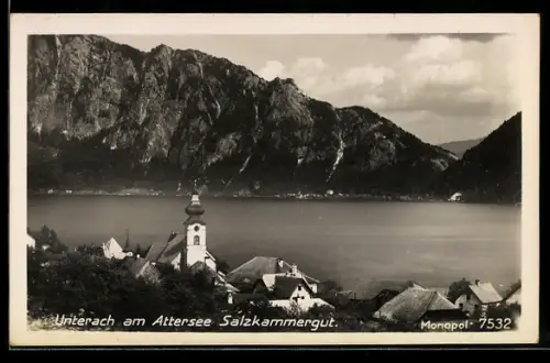 AK Unterach am Attersee, Teilansicht mit Kirche und See
