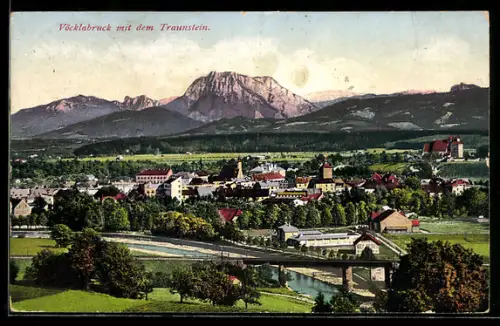 AK Vöcklabruck, Vöcklabruck mit dem Traunstein, Brücke