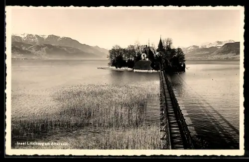AK Seewalchen am Attersee, Litzlberg am Attersee, Steg zur Insel mit Kirche