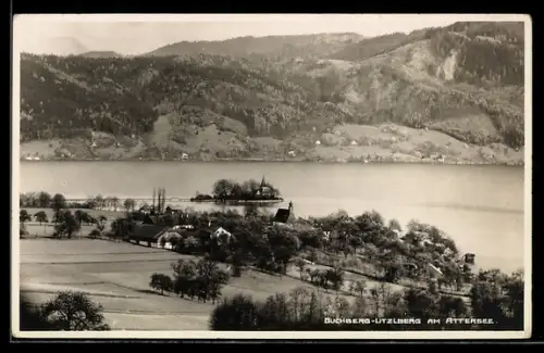 AK Seewalchen am Attersee, Buchberg-Litzlberg, Ortspanorama mit Kirche, Häusern und See