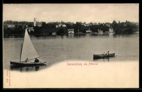 AK Seewalchen am Attersee, Ortspanorama mit Kirche, Segel- und Ruderboot
