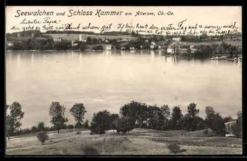 AK Seewalchen am Attersee, Ortspanorama mit See u. Schloss Kammer