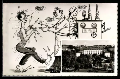 AK Gallspach, Kurhaus, Karikatur mit Patient, Arzt u. Schwester