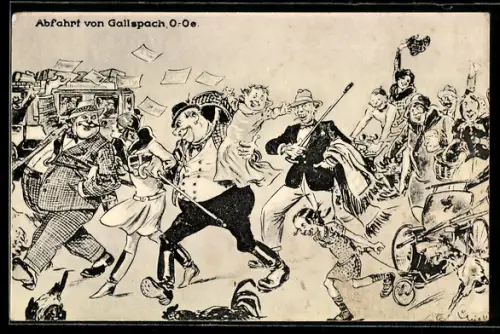 Künstler-AK Gallspach /O.-Oe., Abfahrt der Kurgäste, Karikatur