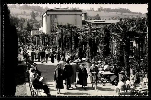 AK Bad Schallerbach, Promenade mit Kurgästen und Palmen, Gebäude