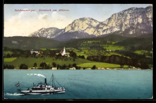 AK Steinbach am Attersee, Dampfer, Kirche, Gebirgspanorama