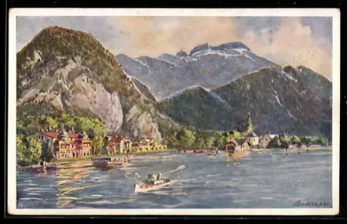 Künstler-AK Weissenbach am Attersee, Uferpartie mit Häusern, Kirche und Bergpanorama