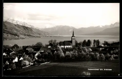 AK Seewalchen am Attersee, Totalansicht, See und Gebirgspanorama