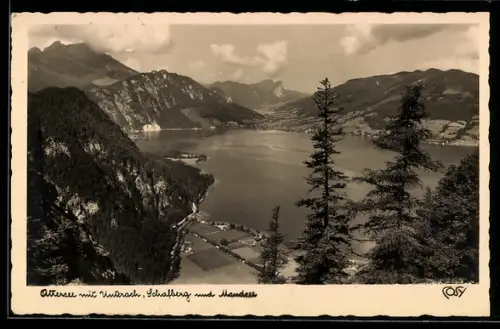 AK Unterach /Attersee, Attersee mit Unterach, Schafberg und Mondsee