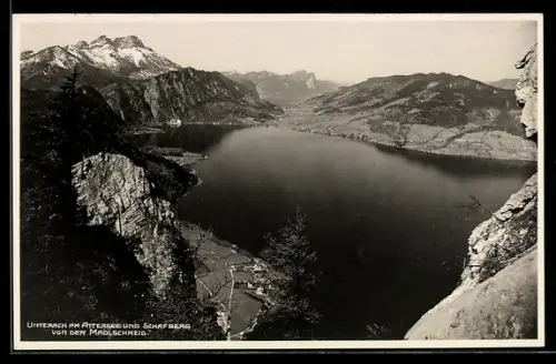 AK Unterach am Attersee, Panorama mit Ort, Attersee und Schafberg v. d. Mädlschneid