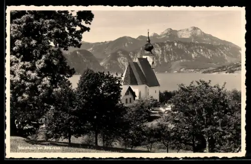 AK Steinbach am Attersee, Kirche, See- und Gebirgspanorama