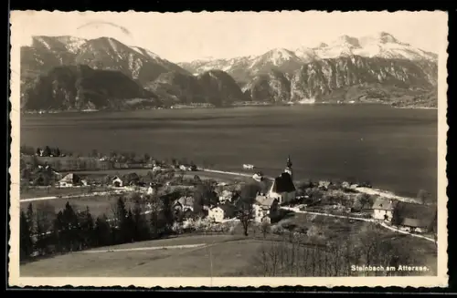 AK Steinbach am Attersee, Dorfansicht mit Kirche, See und Bergpanorama