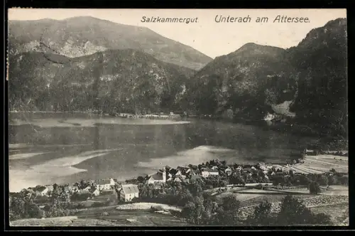 AK Unterach am Attersee, Ortsansicht mit See und Gebirgspanorama