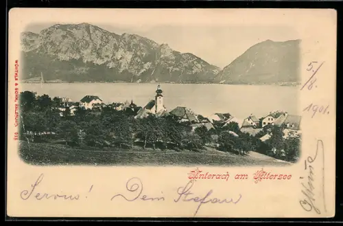 AK Unterach am Attersee, Dorfansicht mit Kirche, See und Bergpanorama