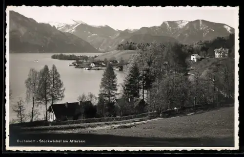 AK Unterach am Attersee, Buchenort mit Stockwinkel, Ortspanorama mit See und Bergen