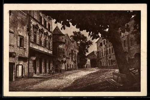 AK Peuerbach /Ob.-Oe., Platz mit Häusern und grossem Baum