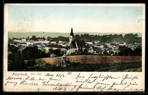 AK Peuerbach /Ob. Öst., Ortspanorama mit Kirche und Acker